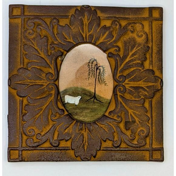 Miniature Metal Picture Frame Original Painting Weeping Willow Sheep Pastoral - Picture 1 of 5